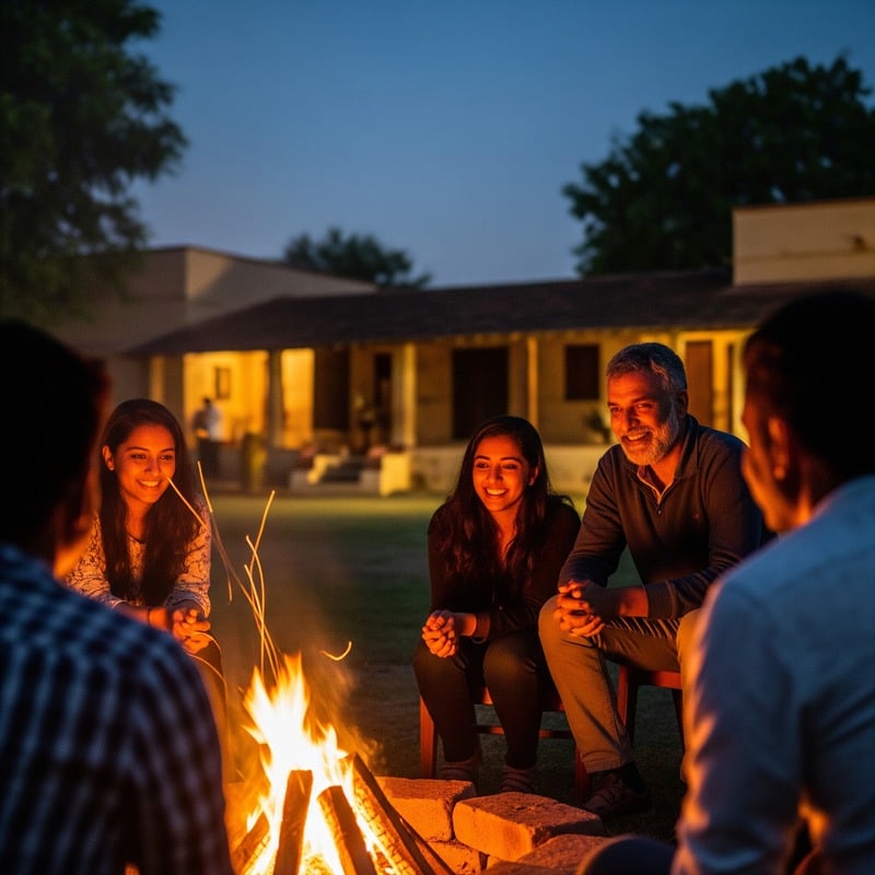 Evening bonfire gathering at a farmhouse getaway