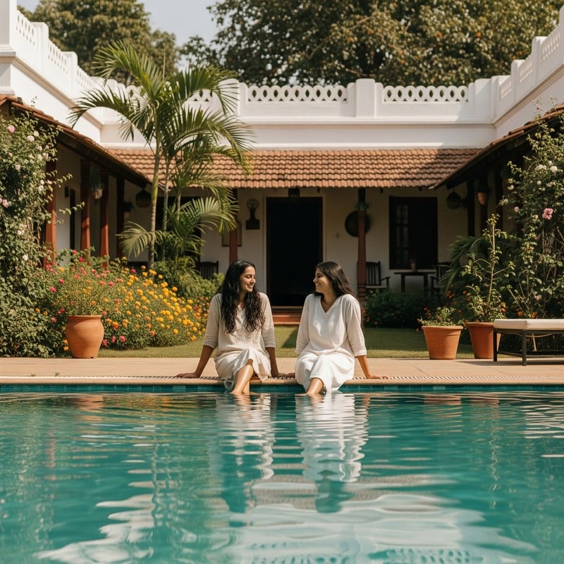 Guests relaxing by a villa pool